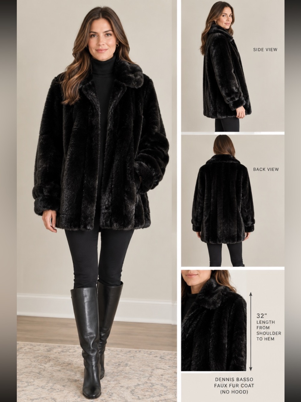 Vintage Dennis Basso 1X Black Faux Fur Coat Made in USA Plush